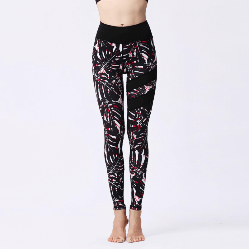 Women's high-waist sports leggings with floral prints, perfect for yoga and running. Nylon-spandex blend for stretch and comfort.